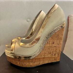 Adrienne Maloof Metallic Gold and Cream Wedges